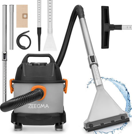Zeegma pro compact – stofzuiger bouwstofzuiger waterstofzuiger tapijtreiniger – met en zonder zak – natte reiniging en wateropzuiging – hepa + waterfilter – 1000w – 6l tank – blaasfunctie – compact formaat – bereik 12m – garage, auto en woning
