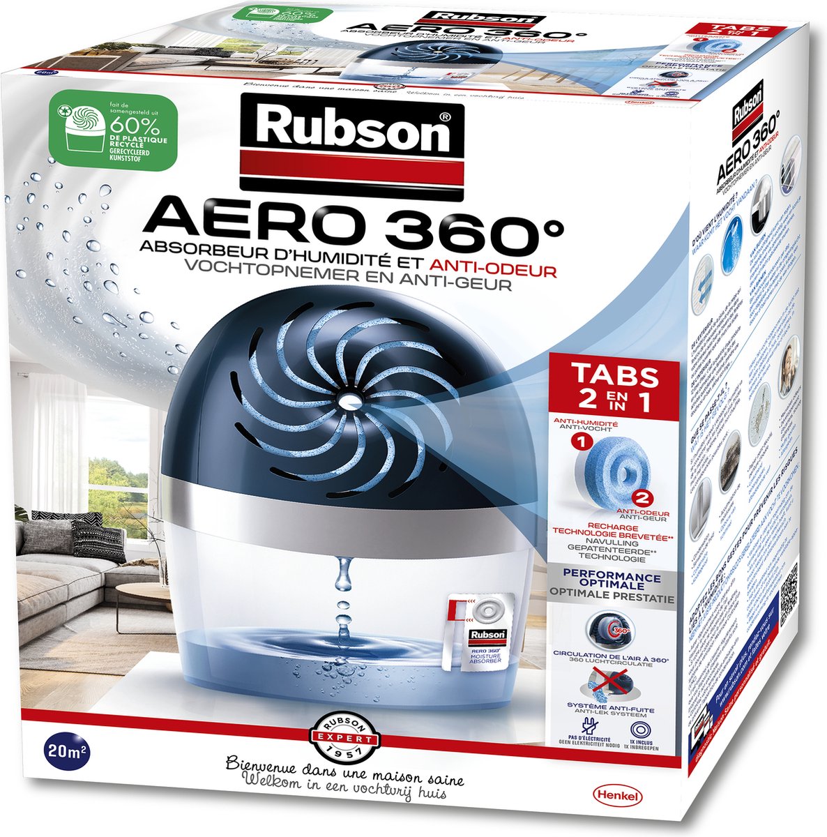 Rubson vochtopnemer aero360 toestel 20m2 | luchtontvochtiger toestel | vochtvanger badkamer | binnenhuis badkamer