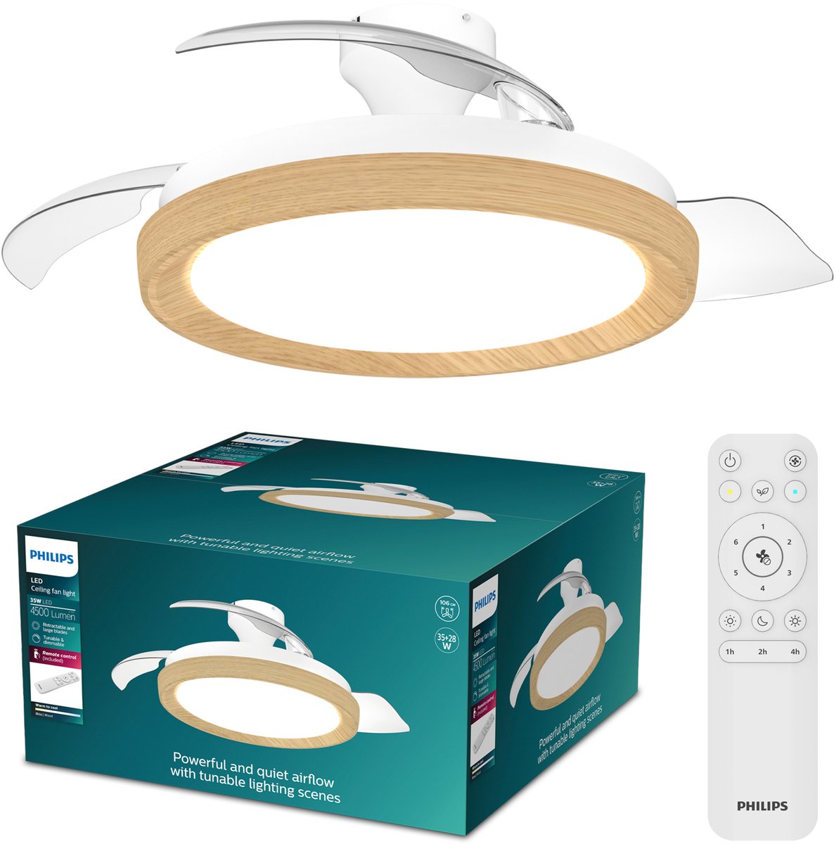 Philips led philips bliss plafondventilator met ingebouwde led-lamp - 3 intrekbare bladen, diameter: 106cm - 4500 lumen - instelbaar wit licht van 2700k tot 6500k - dimbaar tot 5% - afstandsbediening - hout