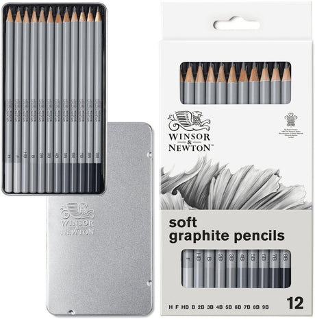 Winsor Newton 0490007 Professionelles Graphitstift-Set x12 – weiche Skizzenstifte, Zeichenstifte H bis M 9B in Metalldose
