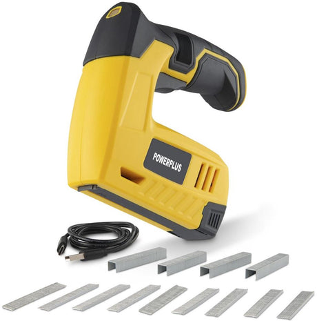 Powerplus Akku-Nageltacker Powx13680 – 4-V-Nagler – 40 Min. – mit Akku und Ladekabel – 1000 Zubehörteile