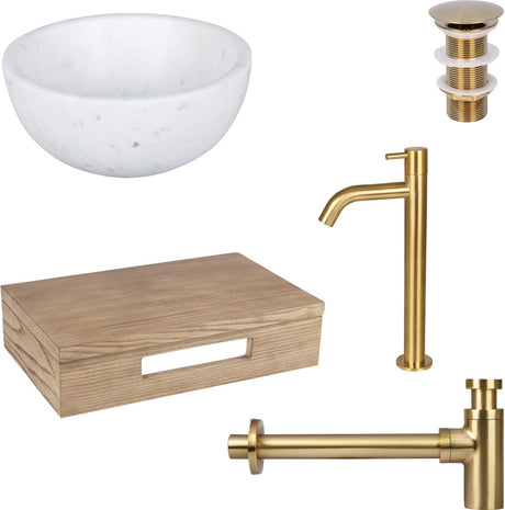 Differnz raz fonteinset voor toilet - ronde waskom van marmer - hoge koudwaterkraan in mat goud - inclusief wastafelplank van licht eiken - afmeting ø 25 x 11.5 cm - 2 jaar garantie