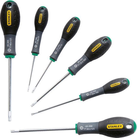 Stanley 6-teiliger Fatmax-Schraubendrehersatz Torx TT10 x 75 mm. TT15 x 75 mm. TT20 x 100 mm. TT25 x 100 mm. TT30 x 125 mm. TT40 x 125 mm