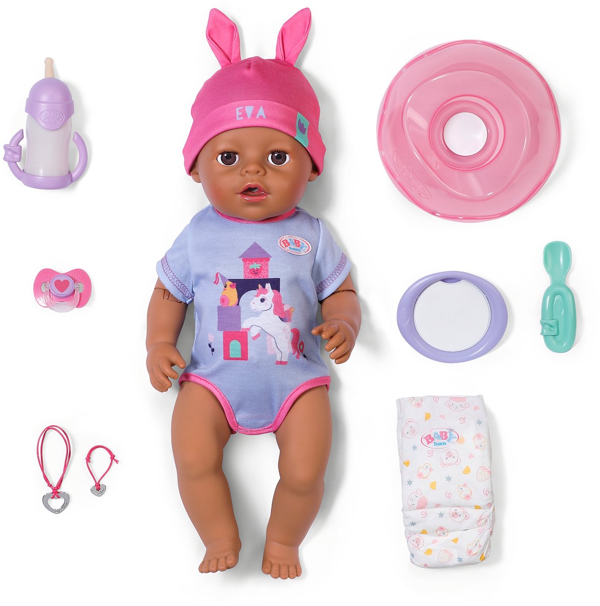 Baby born eva click play, babypop met 10 functies en accessoires, met click play-functie, voor kinderen van 3+ jaar, werkt zonder batterijen, pop van 43 cm