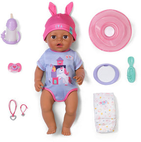 Baby born eva click play, babypop met 10 functies en accessoires, met click play-functie, voor kinderen van 3+ jaar, werkt zonder batterijen, pop van 43 cm