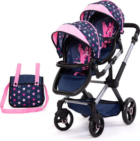 Bayer Design - Zwillingspuppenwagen Twin Xeo, Kutsche, verstellbarer Griff, Tasche, blau, rosa, Sterne
