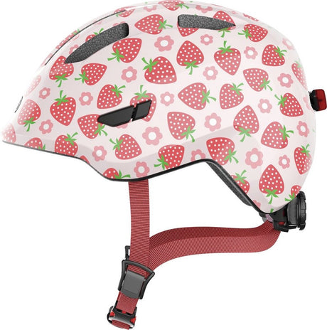 Abus Kinderhelm Smiley 3.0 LED – Fahrradhelm mit Licht – tiefe Passform, Platz für einen Zopf – für Mädchen und Jungen – Pink mit Erdbeermuster, Größe S