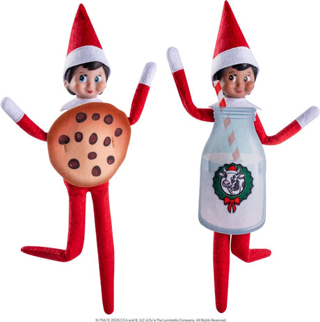 The elf on the shelf claus couture: merry match-ups melk koekjes, 2 themakostuums inbegrepen, kledijset voor scout elf, 3+