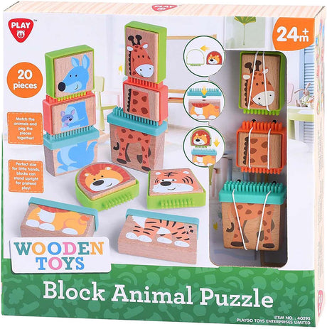 Playgo Play Holzblock-Puzzle Tiere, 20 Teile.