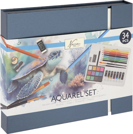 Nassau Fine Art Aquarellfarben-Starterset 34-teilig – Geschenkset mit Aquarellfarbenpfannen, Aquarellfarbentuben, Bleistiftpinseln – Hobbyfarbe für Erwachsene – Malen für Erwachsene