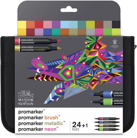 Winsor Newton 0290037 Mixed Marker Set 24 im Portemonnaie | Promarker, Pinsel, metallisches Neon