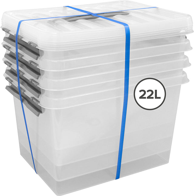 Sunware – Q-Line-Aufbewahrungsbox mit Deckel – 22 l – 4er-Set – transparentes Grau