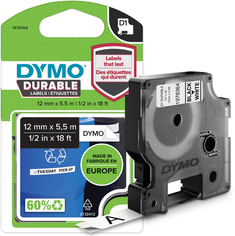 Dymo Etikettenband D1, strapazierfähiges Vinyl, 12 mm x 5,5 m, Schwarz auf Weiß