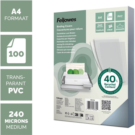 Fellowes PVC-Deckblätter A4 transparent – 240 Mikron – 100 Stück – hergestellt aus 40 % recyceltem Material – für alle Bindegeräte