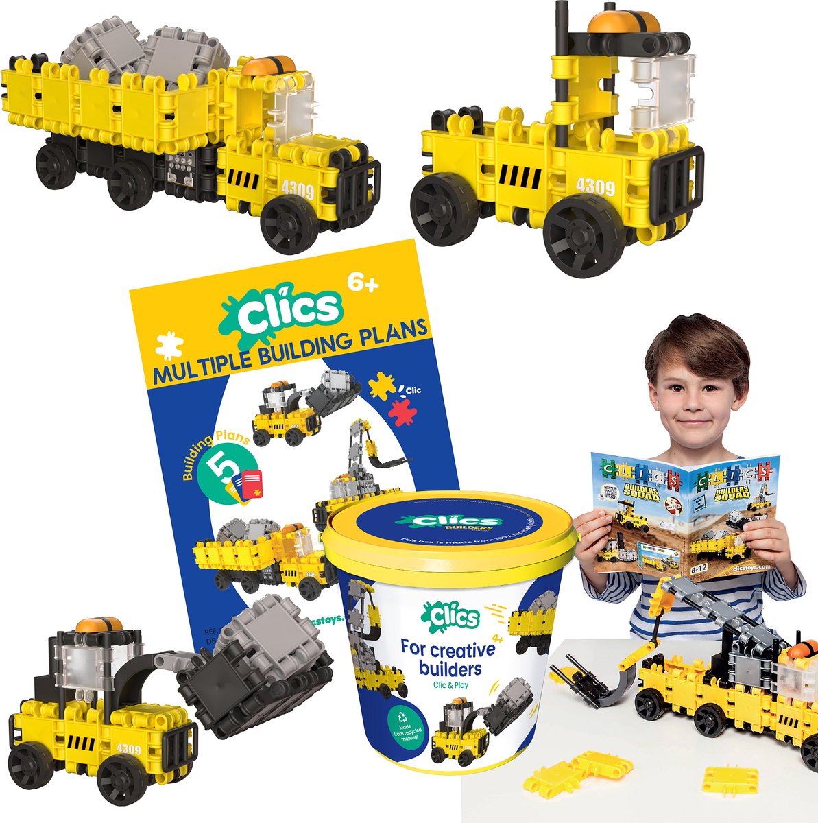 Clics Builders 5-in-1-Bausteine – nachhaltiges Spielzeug aus recyceltem Kunststoff – Baukasten 5 in 1 – Spielzeug 4,5,6,7,8 Jahre Jungen und Mädchen – Lernspielzeug – Montessori-Spielzeug – Konstruktionsspielzeug
