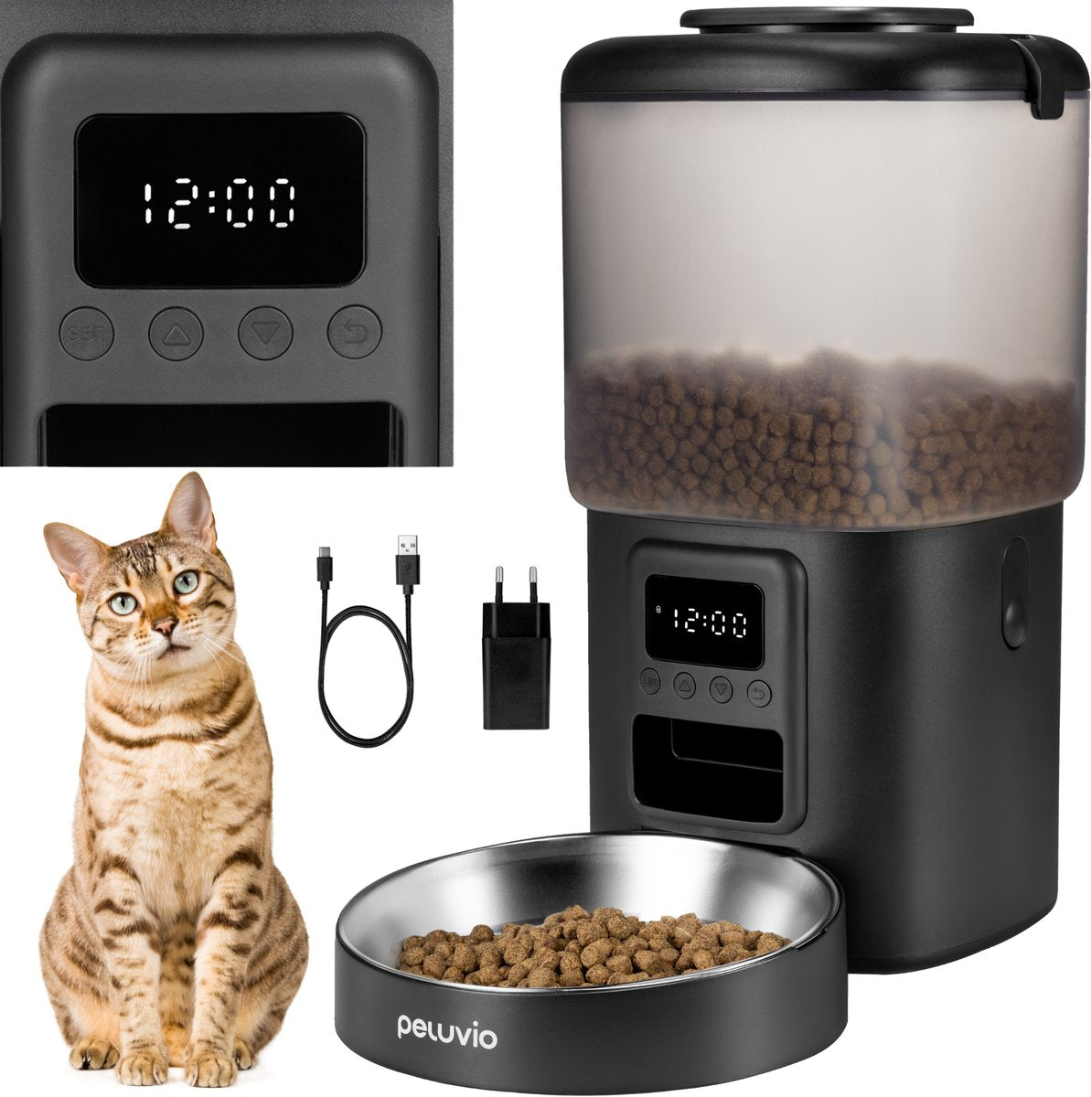 Peluvio Crispy Automatischer Katzenfutternapf – Automatischer Katzenfutterspender – 4,5 l Trockenfutter – Timer bis zu 4 Mahlzeiten – LCD-Bildschirm – Edelstahl-Futternapf – Batterie-Backup – ohne App
