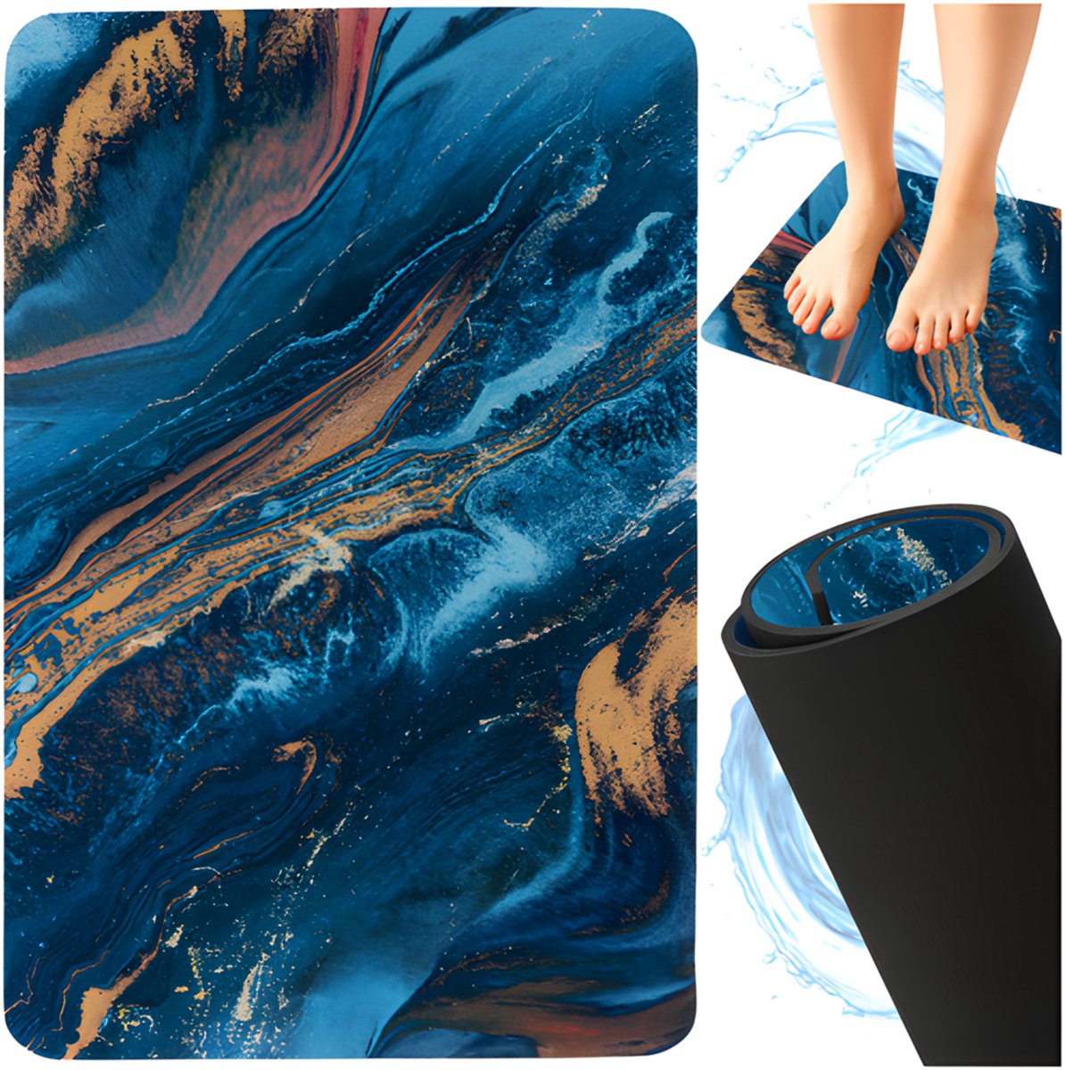 Ruhhy badmat marmer - blauw - antislip - 80 x 50 cm - badkamer - douchemat - absorberend