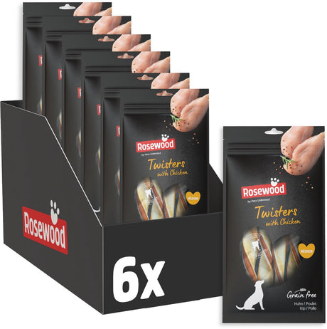 Rosewood Twisters mittelgroßer Hundesnack Huhn 6 x 80 g – Kaustangen aus Rohleder – getreidefrei