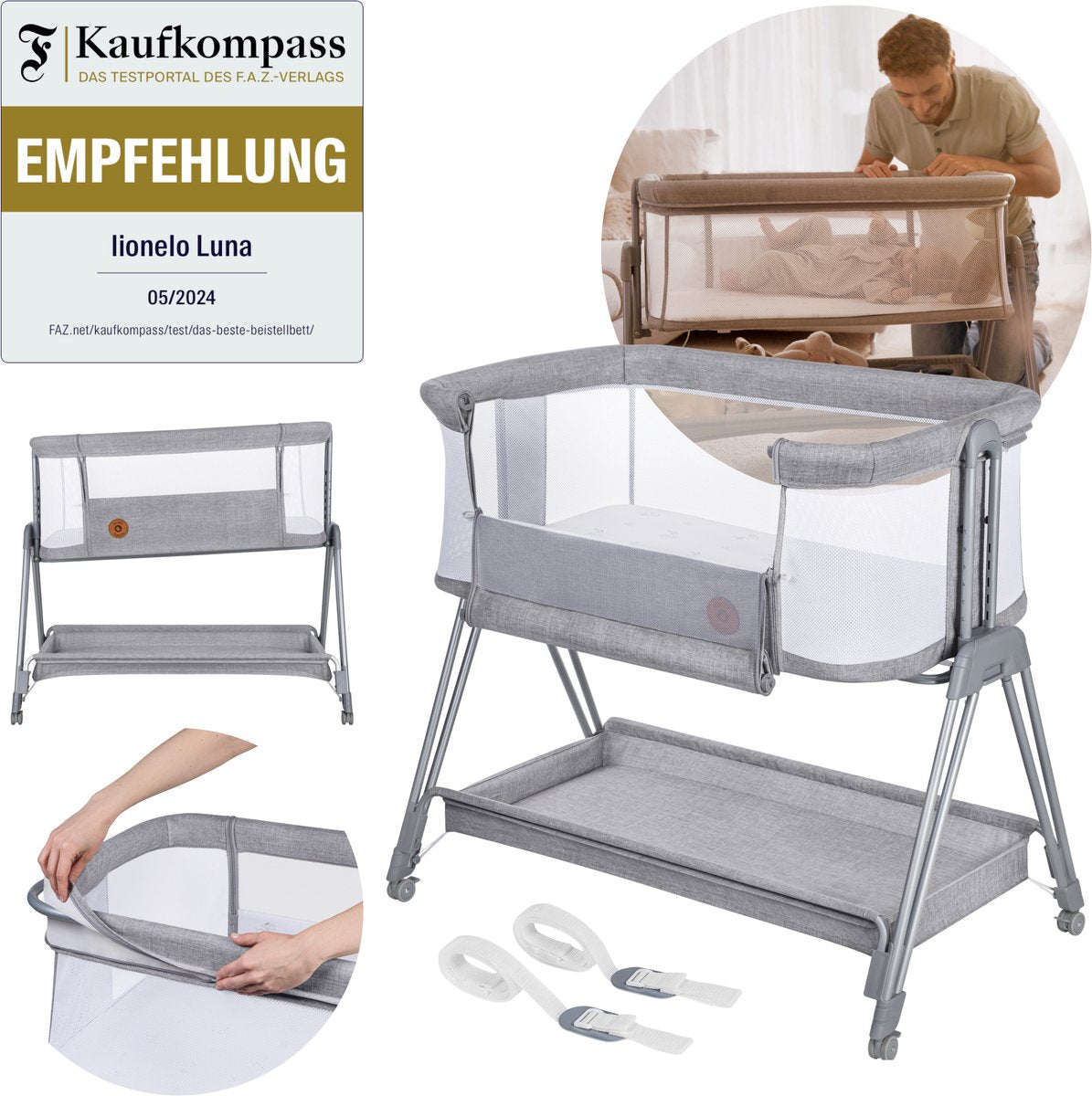 Lionelo Luna – 2-in-1-Babybett-Beistellbett – Geburt bis 9 kg – 7 Höhenpositionen – neigbare Matratze – Netzseiten – Räder mit Blöcken – waschbarer Bezug – inklusive Aufbewahrungskorb