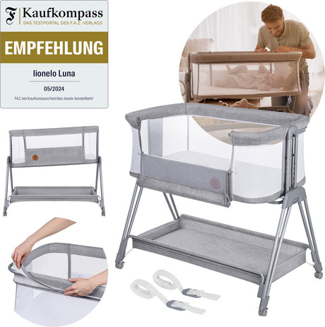 Lionelo Luna – 2-in-1-Babybett-Beistellbett – Geburt bis 9 kg – 7 Höhenpositionen – neigbare Matratze – Netzseiten – Räder mit Blöcken – waschbarer Bezug – inklusive Aufbewahrungskorb