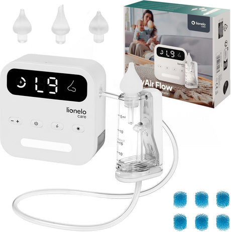 Lionelo Care Babyair – Nasenreiniger Baby – leistungsstarker Nasensauger: 65 kPa – Saugleistung 7,5 l/min – kabellos: 1500 mAh – LED-Nachtlicht – 9 Saugeinstellungen – 3x weiche Silikonspitzen – USB-C – elektrischer Nasenbirnensauger – Nasendusche