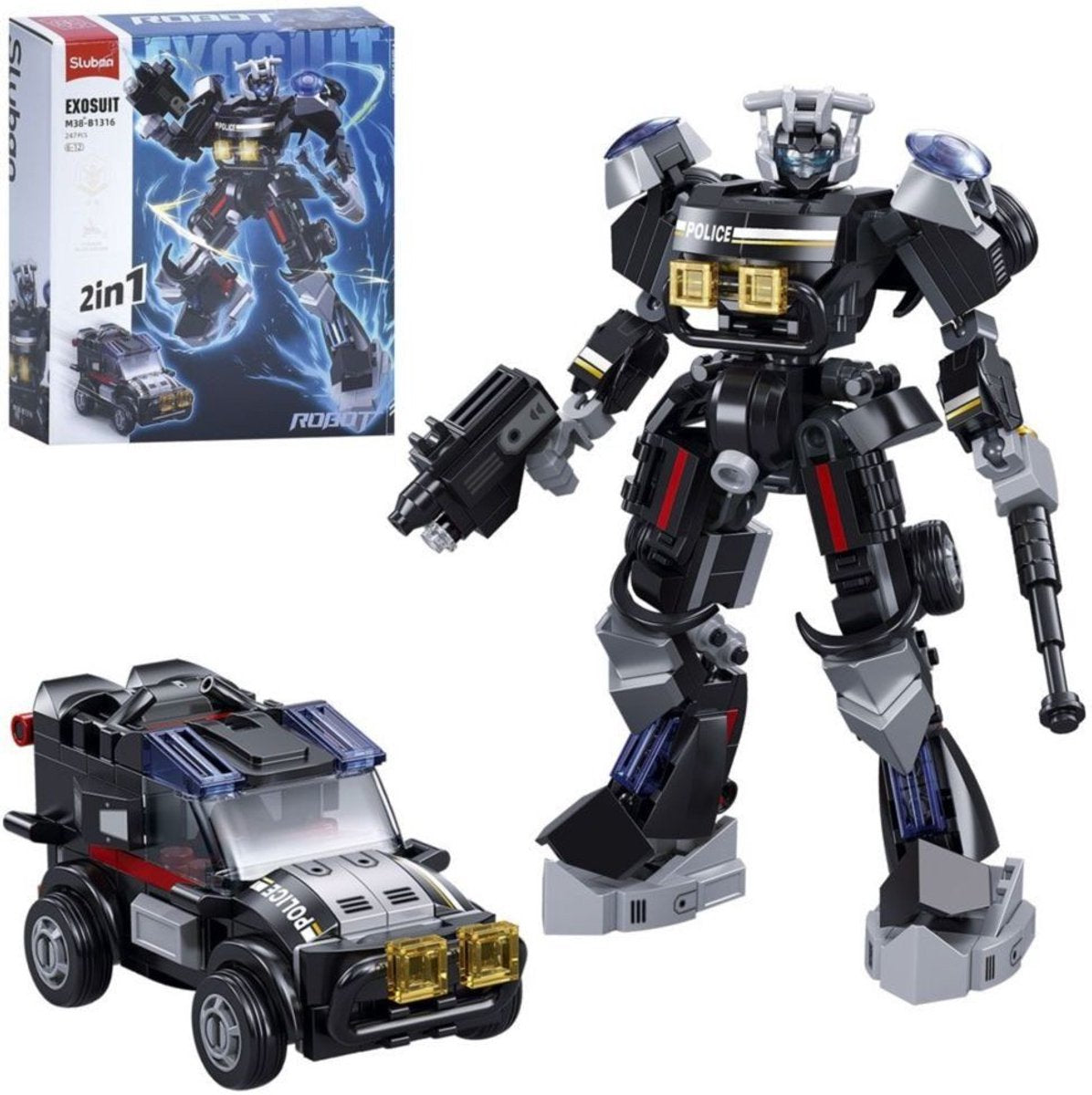 Sluban Exosuit Roboter Polizeiauto Bauspielzeug 2in1 Actionfigur – Konstruktionsspielzeug – Bauset mit 247 Bausteinen – M38‑B1316 – ab 6 Jahren