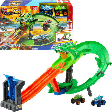 Hot Wheels Monster Trucks – Sharks vs. Dinos Drachen-Zerstörungsspielset und 2 Spielzeug-Trucks