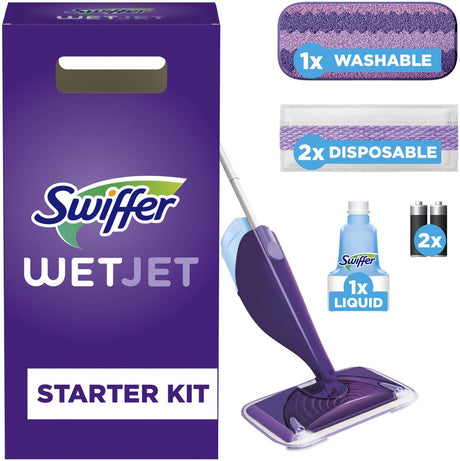 Swiffer Wetjet Starterset All-in-One-Wischsystem für jeden Boden – inklusive 2 Einwegtüchern + 1 waschbarem Tuch + 500 ml Reinigungsmittel