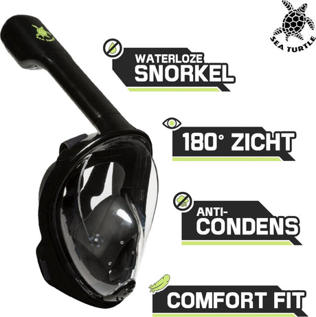 Sea turtle snorkelmasker - snorkel - duikbril - snorkelset - full face masker - volwassenen - zwart - l xl