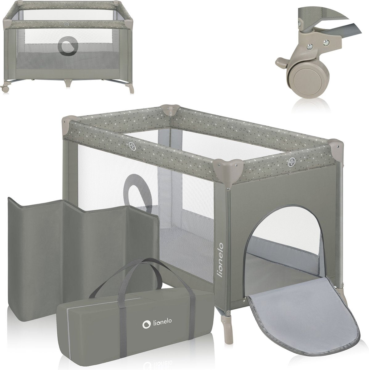 Lionelo Campingbett 3 in 1 – Babybett, zusammenklappbarer Laufstall, Reisebett – 60 x 120 cm – 0–36 Monate bis 15 kg – mit Komfortmatratze – Seiteneingang mit Reißverschluss – Rollen – Transporttasche – Stefi-Babybett, Babybox, Kinderbett