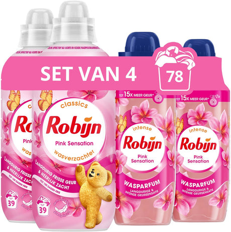 Robijn perfecte match wasverzachter en wasparfum pakket - pink sensation - 4 stuks - 2 x 39 wasbeurten + 2 x 342ml - voordeelverpakking