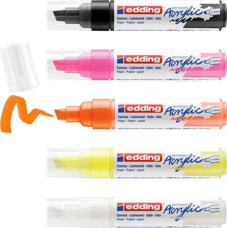 Edding 5000 Acrylmarker breit – Weiß Schwarz Neongelb Neonorange Neonpink – Set mit 5 Acrylfarben (Neon) – Keilspitze 5-10 mm – Acrylfarbe zum Malen auf Leinwand, Holz – Acrylmarker, wasserfest