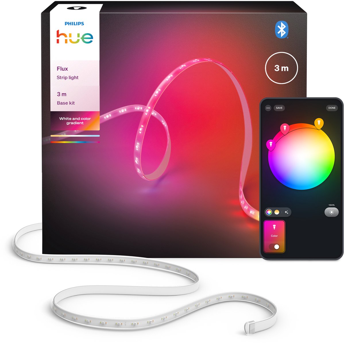 Philips hue flux led strip 3 m, chromasync™ - technologie. gekleurd en helder, natuurlijk wit licht - 1200 lumen