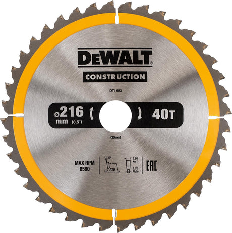 Dewalt-Zubehör dt1953 Baukreissägeblatt – 216 x 30 x 40 t – Holz – dt1953