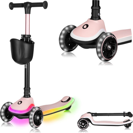 Lionelo Mey Kinderroller – LED-Beleuchtung in Rädern, Fußplattform – klappbarer Lenker – rutschfestes Deck – Korb – ABEC-7-Lager – 4 Höhenpositionen – bis 50 kg – ab 3 Jahren – ergonomisch – Bremse – sofort einsatzbereit