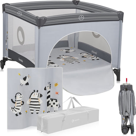 Lionelo Bonnie Baby-Laufstall 0-36 Monate – faltbarer Laufstall mit T25-Schaummatratze, Seitentür mit Reißverschluss, Netzseiten, Rädern mit Bremsen und Tragetasche – bis 15 kg