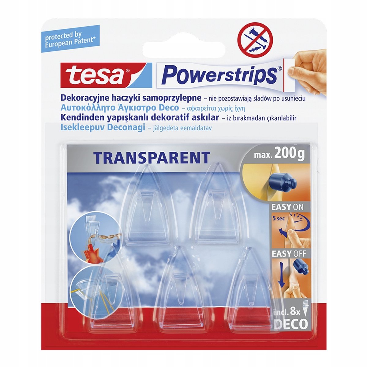 Tesa Nago Deco-Serie – selbstklebende Haken – transparent – für Dekorationen – 5 Stück