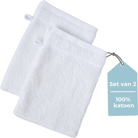 Hush. living hush living - washand 100% katoen - set van 2 - zware kwaliteit 500g m2 - stijlvol boord en ophanglus- 16x22cm - wit