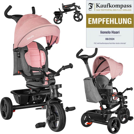 Lionelo haari – Dreirad – Getränkehalter – 2in1 – drehbarer Sitz – wartungsfreie Gummiräder – Freilauf – Schiebestange für Eltern – Markise – Korb und Tasche – Getränkehalter – wächst mit – von 18 Monaten bis 25 kg