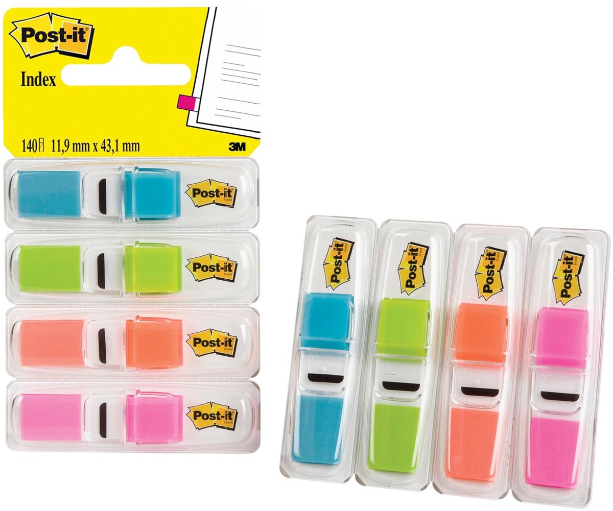 Post-it® Index schmal, Standardspender – leuchtendes Blau, leuchtendes Grün, Orange, leuchtendes Pink