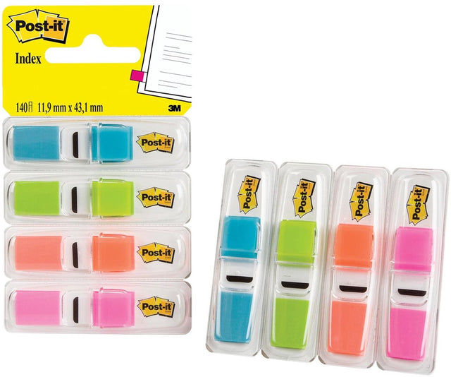 Post-it® Index schmal, Standardspender – leuchtendes Blau, leuchtendes Grün, Orange, leuchtendes Pink