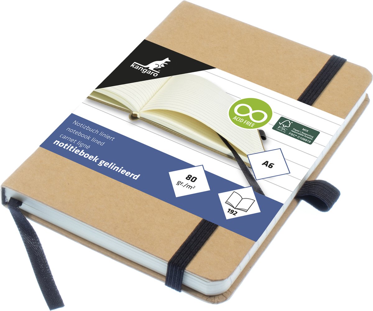 Kangaro notitieboek - a6 - kraft - met lijn - met elastiek, lint en penlus - k-552121