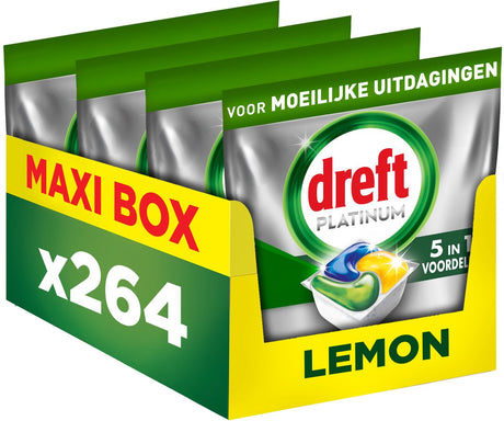 Dreft Platinum Spülmaschinentabs Zitrone – schwierige Herausforderungen – Fettfilter – 4 x 66 Stück