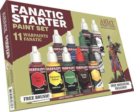 Der Army Painter Warpaints-Fanatiker: Starter-Set, 11 Farben: 7 Acrylfarben, 2 Metallics, 1 Lasur, 1 Grundierung zum Auftragen mit dem Pinsel, 1 kostenlose Miniaturfigur und Starterpinsel