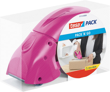 tesa Packspender pack' n' go - ergonomischer rosa Handabroller - inklusive 50 m x 48 mm Klebeband