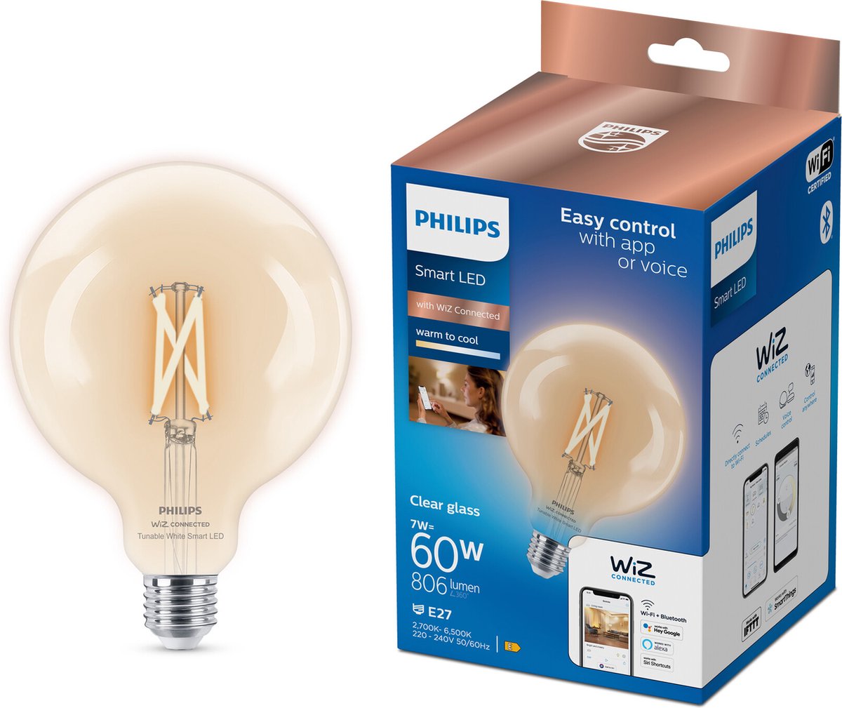 Philips smart lighting - globe filament - slimme led-verlichting - warm- tot koelwit licht - e27 - 60w - transparant - wi-fi