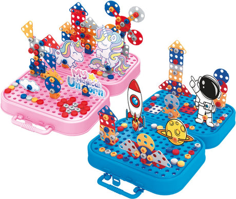 Eddy toys bouwset met bouwdoos incl speelgoed boormachine - constructiespeelgoed met 228 onderdelen - eenhoorn puzzel - montessori speelgoed insteek mozaiek - educatief speelgoed