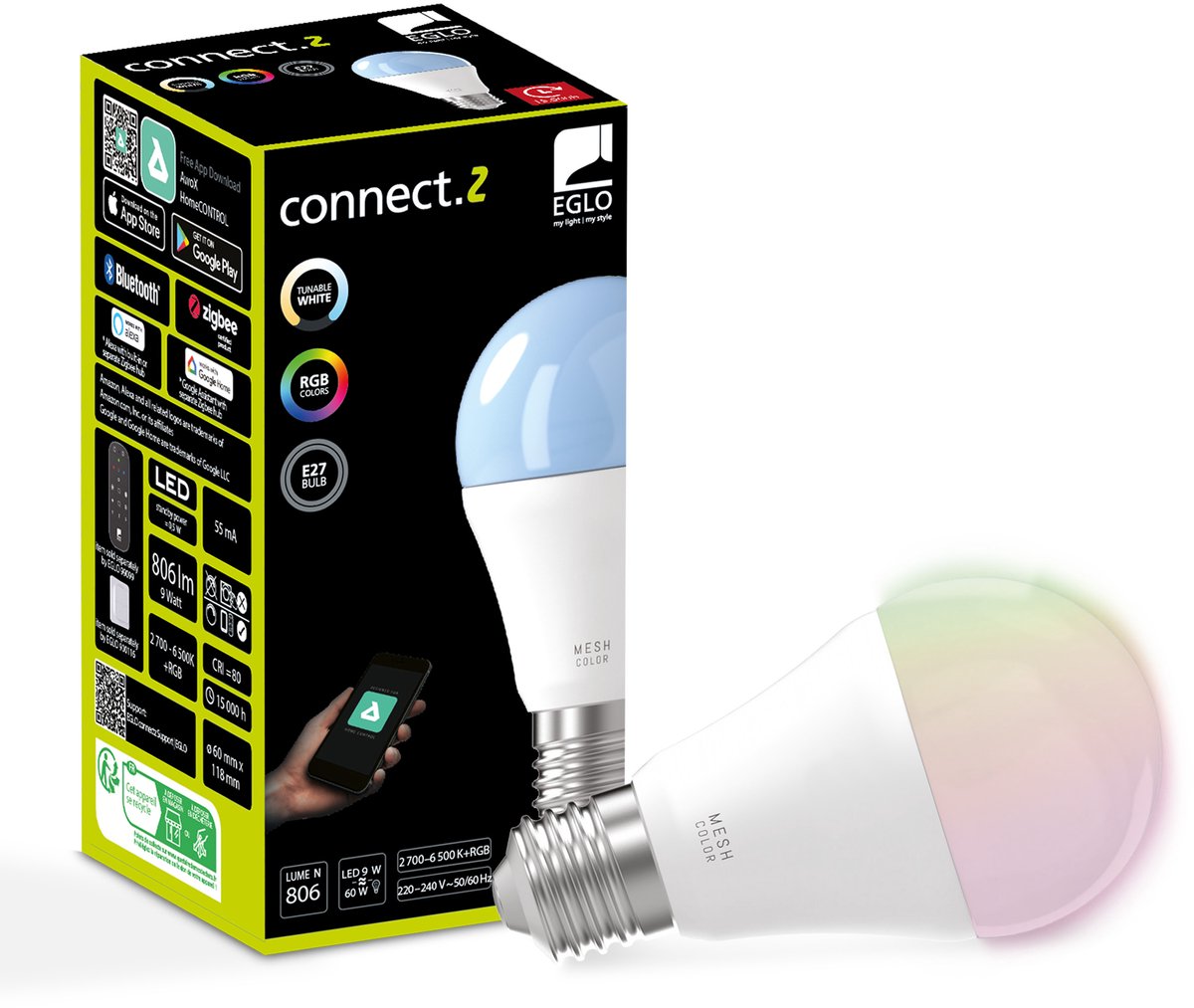Eglo connect.z smarte LED-Lampe – E27 – ø 6 cm – einstellbares RGB-Weißlicht – dimmbar – Zigbee