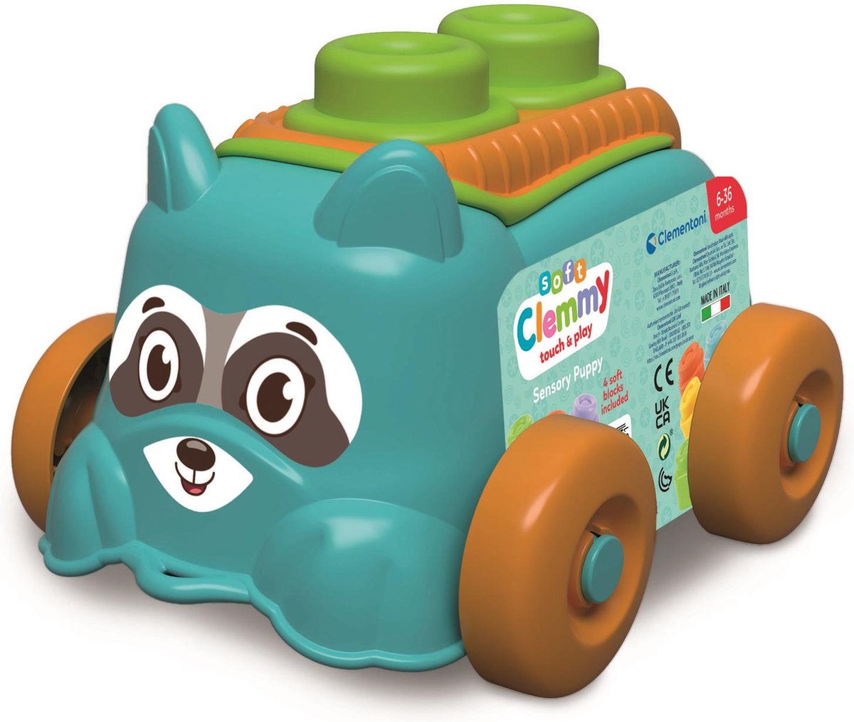 Clementoni Baby – Clemmy Sensory Puppy Blue mit weichen Blöcken, 5 Stk.