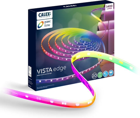 Calex LED-Streifen – 20 Meter – RGB + CCT-Einzelsteuerung – 1400 Lumen – Innenbereich – kühle bis warmweiße Lichtfarben-Beleuchtung – Musiksynchronisation – Fernbedienung